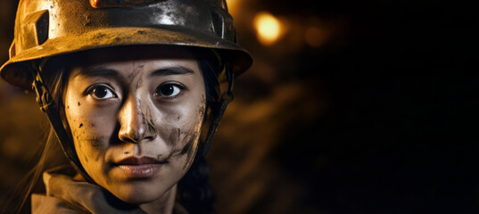 Fototapeta na wymiar Young Asian woman with face dirty, helmet on her head, dark background to emphasise deep mine - natural resource miner, hard working conditions mining industry in China and Asia. Generative AI