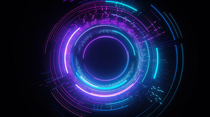 Fototapeta premium abstract background of a glowing colorful circle on a dark background, retro futuristic cyberpunk style, purple and blue, Generative AI