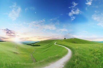 Fototapeta na wymiar Picturesque winding path through a green grass field in hilly area in morning at dawn against blue sky with clouds. Natural panoramic spring summer landscape