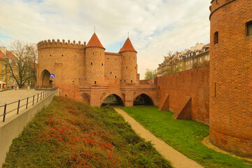 Fototapeta na wymiar WARSAW, POLAND - October 26 2022: Barbican fortress in the historic center of Warsaw. Poland