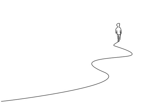 man walking far away on the road outside in nature back behind rear line art