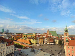 Fototapeta na wymiar WARSAW, POLAND - October 25 2022: Top view of the old town of Warsaw. Royal Castle, ancient townhouses and Sigismund's Column. Warsaw, Poland