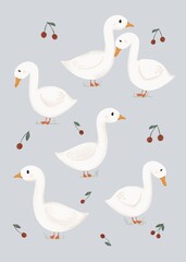 Obraz premium Wonderful geese on a gray background and with red cherries, postcard with geese, poultry yard poster 