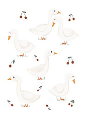 Cute poster with geese and cherries for children's room, white vintage geese on light background