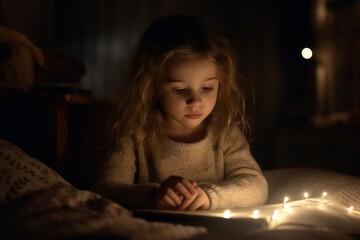 Little girl reading a book in bedroom at night. Generative AI