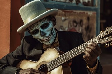 Man with day of the dead facial painting playing guitar. Generative AI