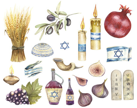 Watercolor clip art  with Judaical religion illustrations. Hand drawn Jewish traditional elements. Menorah, shofar, Israeli flag. Shavuot's religion elements. Hand drawn watercolor Judaic design.