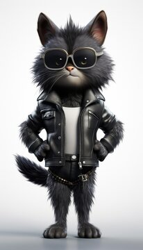 Cool cat in a leather biker jacket and sunglasses, isolated background, generative ai