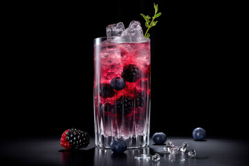 Fototapeta na wymiar Generative AI. Black berry Lemonade with black berries and ice. Summer drink.Dark background.