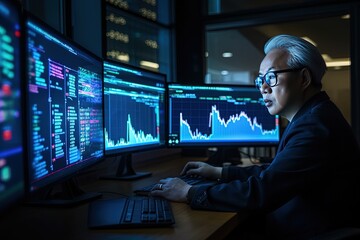 A businessman's proficiency in forex and currency exchange shines as he meticulously interacts with a virtual screen monitor, delving into the world of central banking and international currency - obrazy, fototapety, plakaty