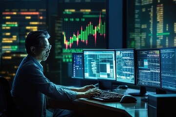 Businessman working on virtual screen monitor with central banking and international currency include dollar Yuan Yen Pound sterling and Euro for forex and currency exchange money transfer concept