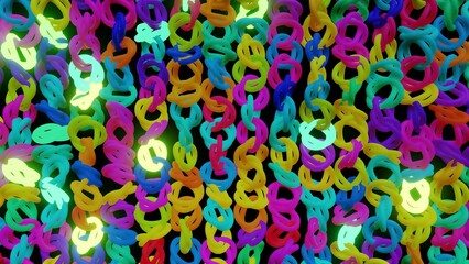 3d render. Abstract festive background with rows of toruses or rings on plane flashing neon multicolored light randomly. Black rings in the air.
