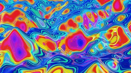3d render. Liquid pattern like waves. 3D stylish abstract iridescent bg of wavy surface like brilliant liquid glass with rainbow beautiful gradient colors. Trendy colorful fluid