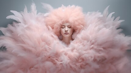 beautiful fashionable woman wearing a pink feather outfit. Generative Ai image