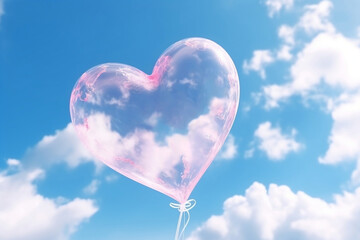 Obraz na płótnie Canvas Pink heart made of soap bubbles flies on blue sky. Futuristic atmosphere, Love Valentine concept