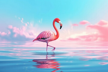 Shiny flamingo bird in pastel synthwave colors on a pastel water surface, summer scene