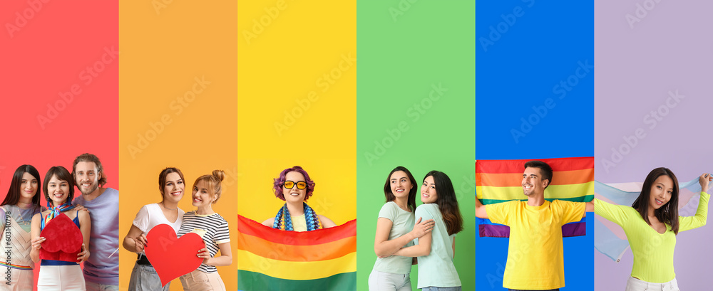 Poster  Set of people with LGBT flags on rainbow background