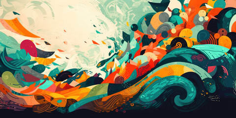 The wild seas of our imagination. Beautiful exuberant abstract painting in a gouache / vector style, with wildly flowing colours