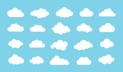 White abstract cloud illustration set. Cute fluffy, bubbly clouds collection. White cloudy shape isolated on blue background. Flat vector decoration element. - obrazy, fototapety, plakaty