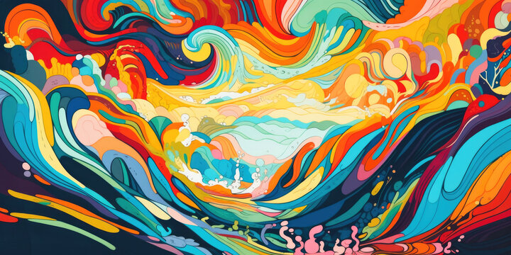 The wild seas of our imagination. Beautiful exuberant abstract painting in a gouache / vector style, with wildly flowing colours