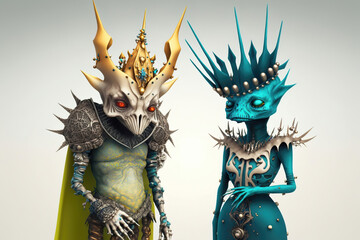 Weird king and queen, alien creature, fantasy illustration generative AI