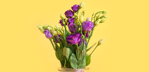 Bouquet of beautiful eustoma flowers on yellow background