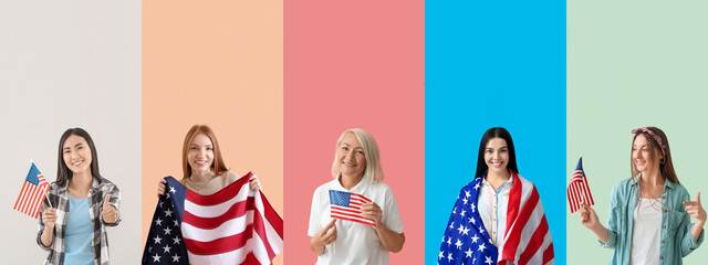 Many women with USA flags on color background