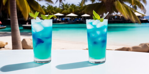 A blue cocktail in a glass on a white table against the background of a sea beach on a bright sunny day under palm trees. Generative AI.