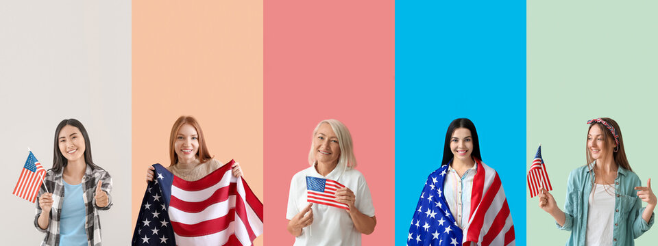 Many Women With USA Flags On Color Background