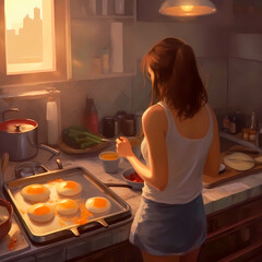 Young woman cooking. Housewife baking cookies in the kitchen - back view. Generative AI