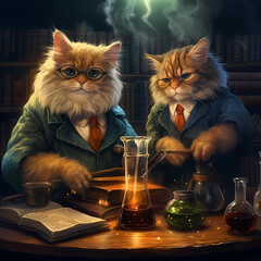 Scientists cats in glasses with  clever look - ultra-realistic fantasy illustartion. Generative AI.