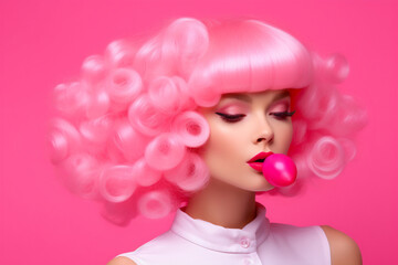 Obraz na płótnie Canvas Emotion pink wig woman. Wide open mouth. Pink lips makeup