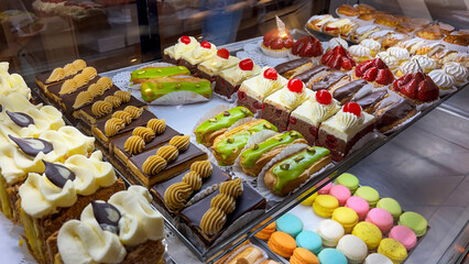 delicious Bakery shelf pastries display full of colors and flavors