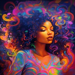 Beautiful Young Woman with Afro, Psychedelic Portrait of Creativity Illustration [Generative AI]
