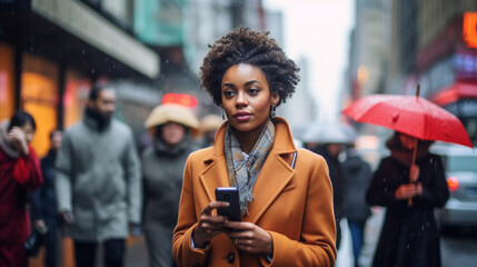 Afro woman in the street using mobile phone in a rainy day.  Image Generative AI.