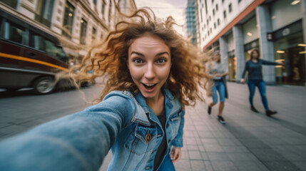 Fototapeta premium woman walking in the city steadicam. Image Generative AI.