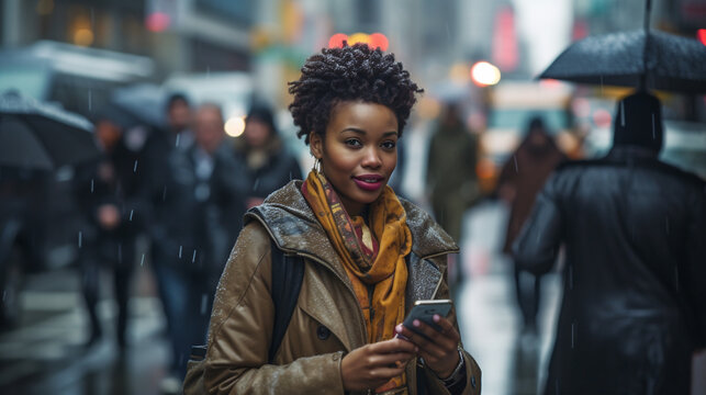 Pretty afro woman using mobile phone in the street in a rainy day.  Image Generative AI.