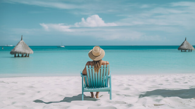 Solitaire person relaxing on a beach chair.  Image Generative AI.
