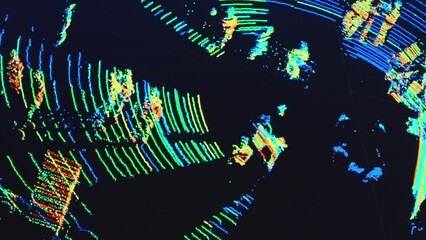 PRAGUE , CZECH REPUBLIC - NOVEMBER 12 2022: Visualization of environment seen via LIDAR technology. Active optical range finder measuring distance by emitting light and timing - Powered by Adobe
