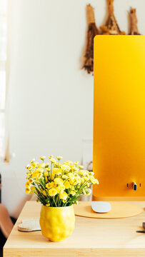 Home Office Desk Setup With Flowers 
