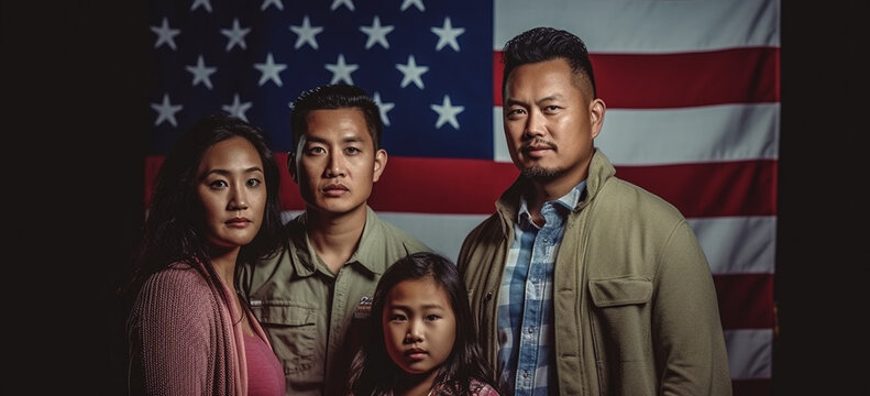 American Pacific islander family with USA flag as background.  Image Generative AI.