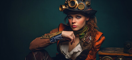 Obraz premium Portrait of a woman in steampunk style. Image Generative AI.