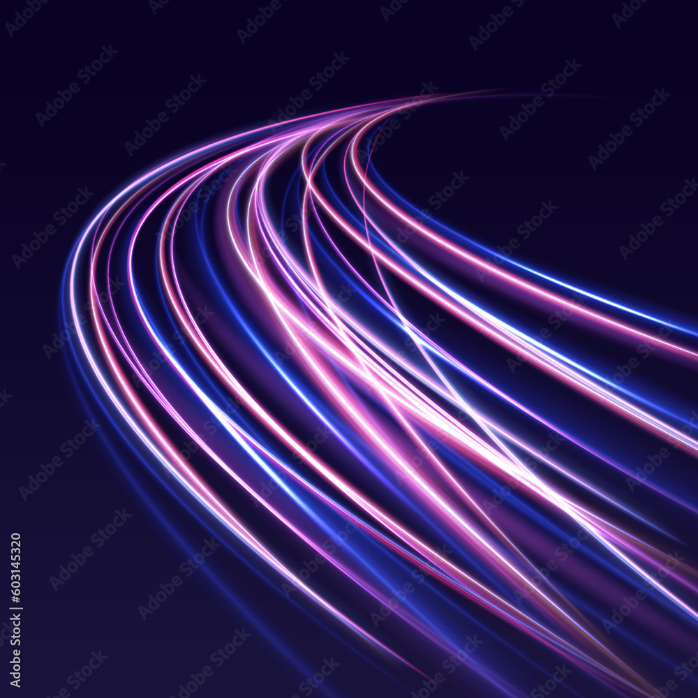 Poster Abstract long exposure dynamic speed light trails background. Generative ai. Abstract neon motion glowing wavy lines. Futuristic technology concept. Vector illustration	