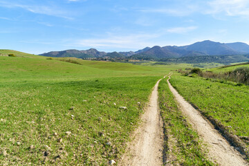 Fototapeta na wymiar Green valley with vehicle road with mountains in the background