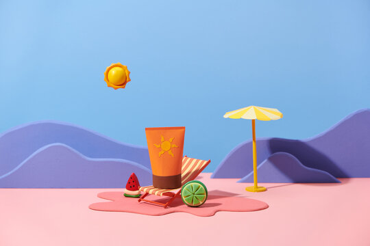Tube mock up on round podium with beach swim objects and fruit