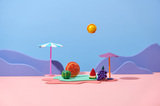 summer display with colorful tropical fruits with beach and parasol