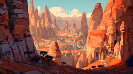 Illustration of beautiful view of unusual rocky landscape in Cappadocia, Turkey