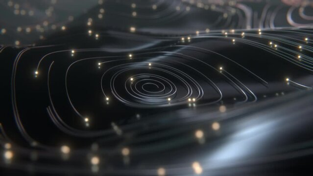 Curvilinear swirl line of abstract neon illumination. Topographic map concept. Explore valleys, mountains, and the undulating terrain. 3D render Geography concept.