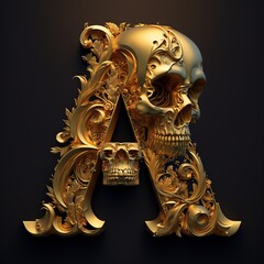 alphabet, skull,  letter, number, 3d, font, symbol, four, 4, text, a, metal, sign, gold, illustration, abc, design, type, icon, metallic, character, golden, digit, typography, shiny, generative ai