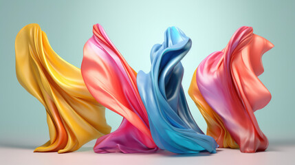 Obraz premium Abstract multicolor background. Silk satin fabric different color dancing, flying in the air. Creative background for design. Soft wavy folds. advertising for a fabric store. banner. Generative AI
